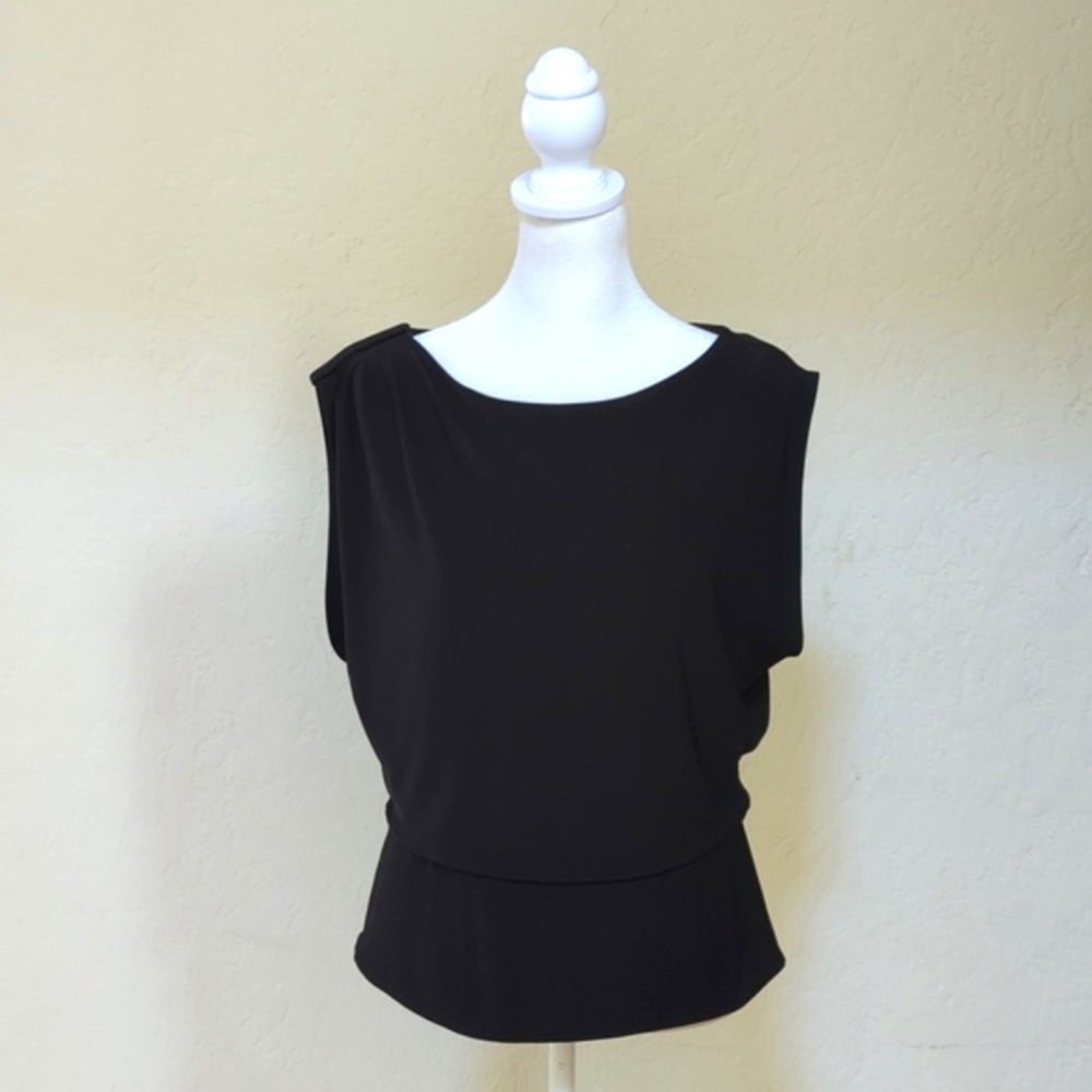 WHBM Black Sleeveless Gathered Shoulder Boat Neck Top Size LP
